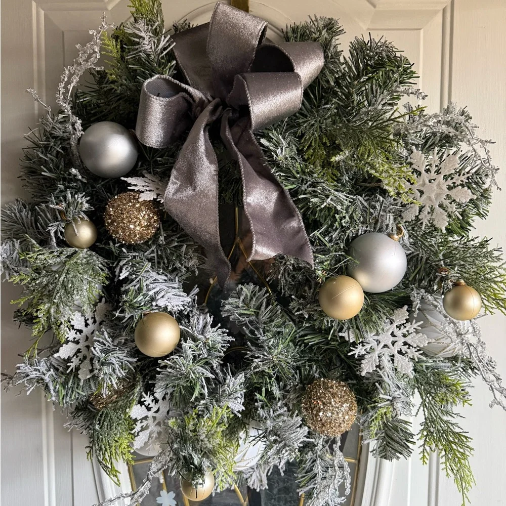 Elegant Silver and Gold Holiday frosted pine Wreath